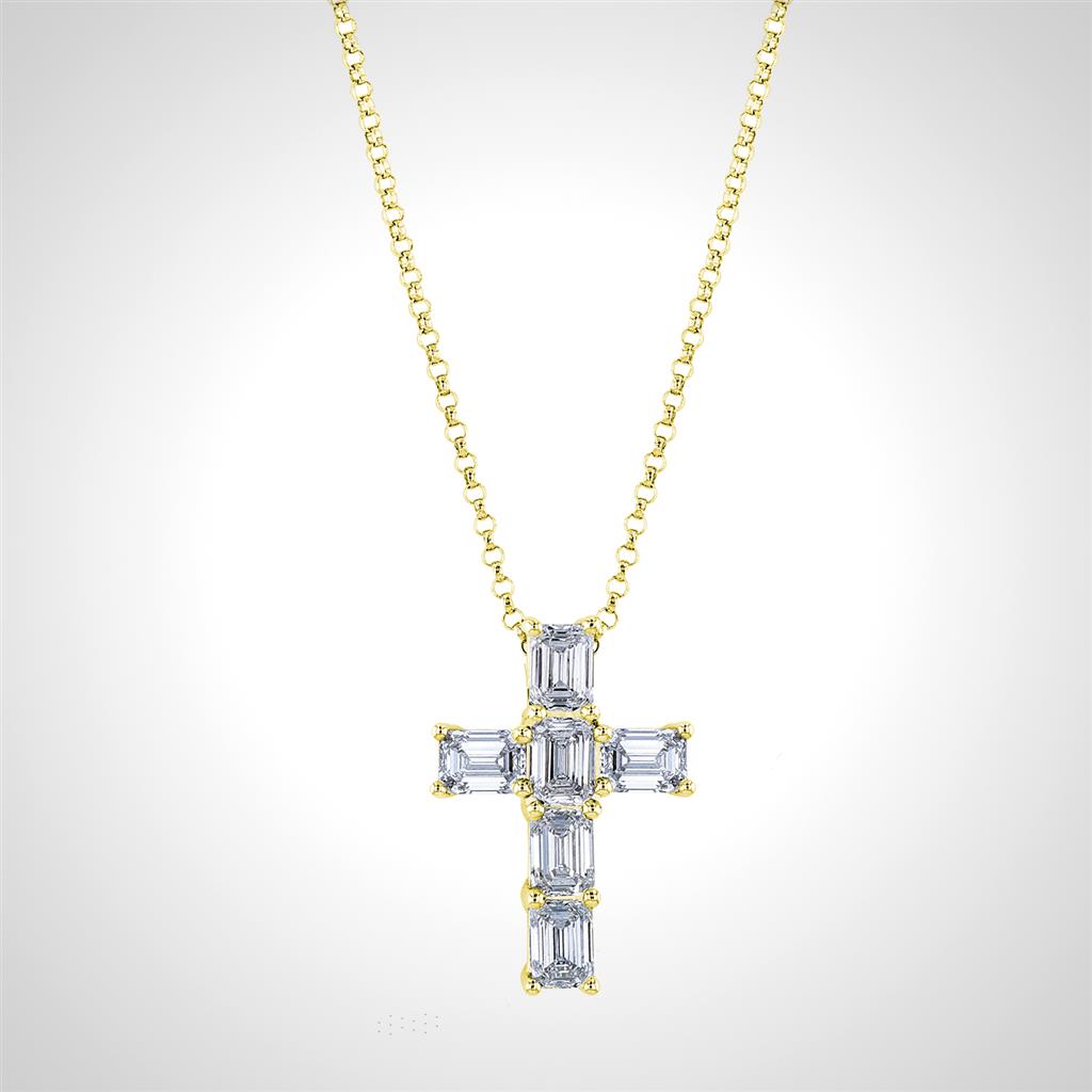 18K Yellow Gold Emerald Cut Diamond Cross Necklace