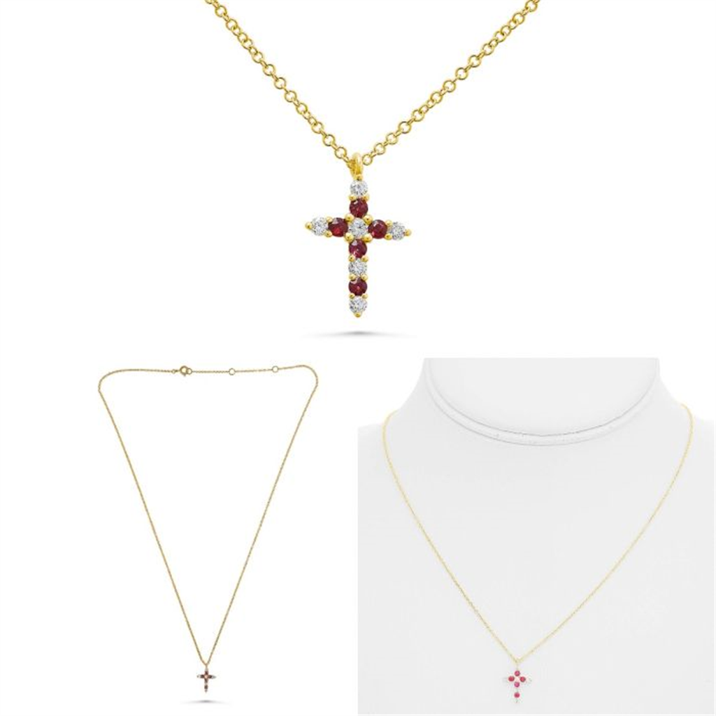 14K Yellow Gold Diamond & Ruby Cross Necklace