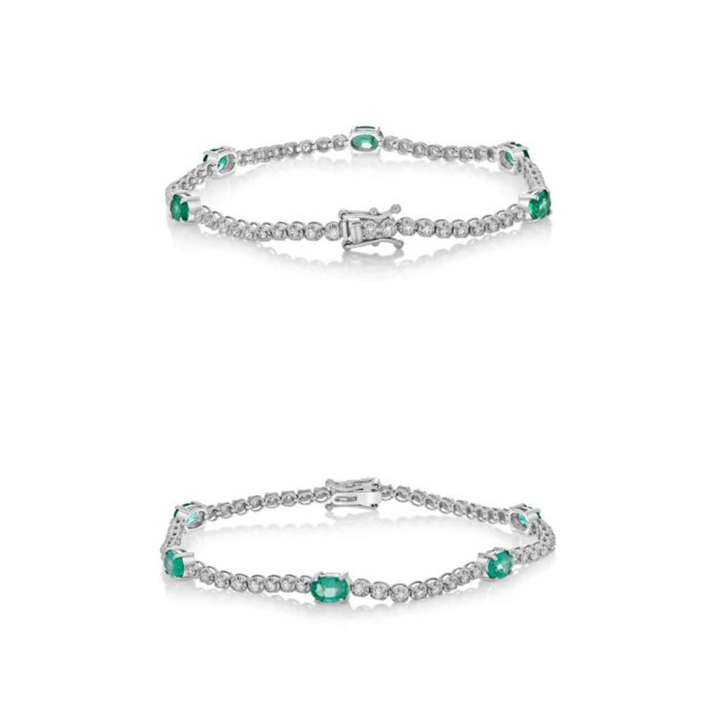 14K White Gold 3.00ct Oval Emerald & Diamond Tennis Bracelet