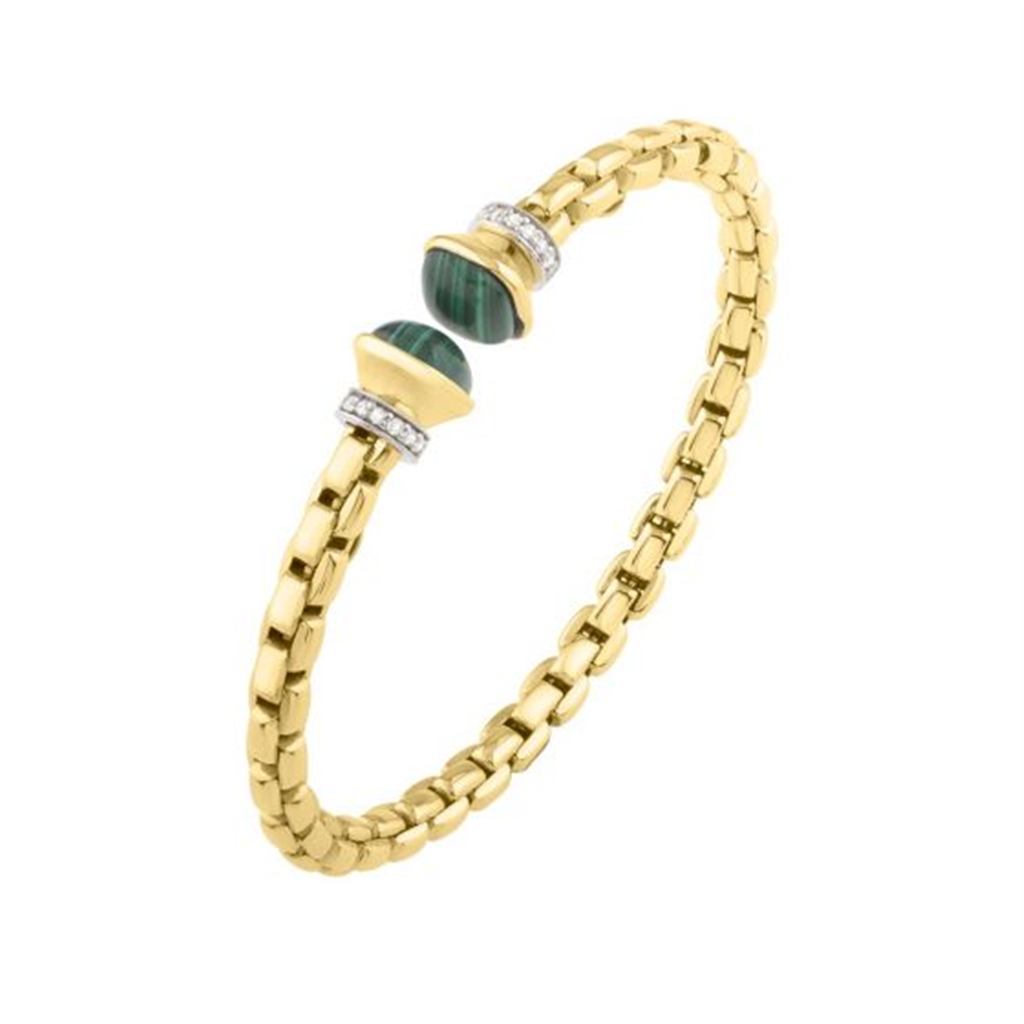 14K Gold Diamond Venetian Link Bangle with Green Malachite