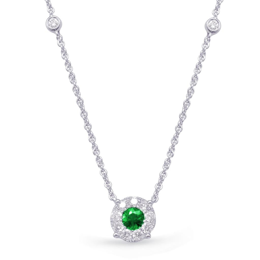 14K White Gold 0.64ct Diamond & Emerald Necklace