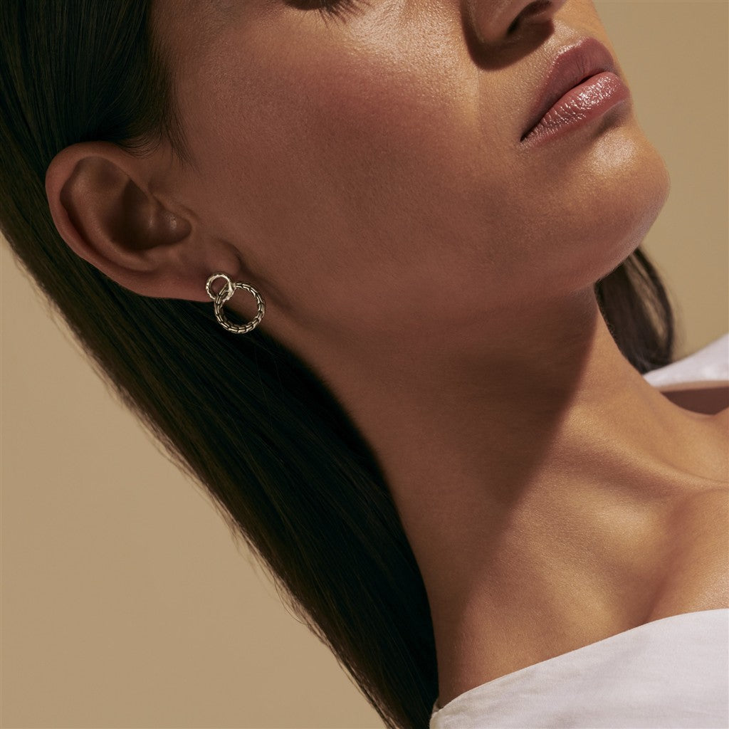 Carved Chain Interlink Stud Earrings, Silver