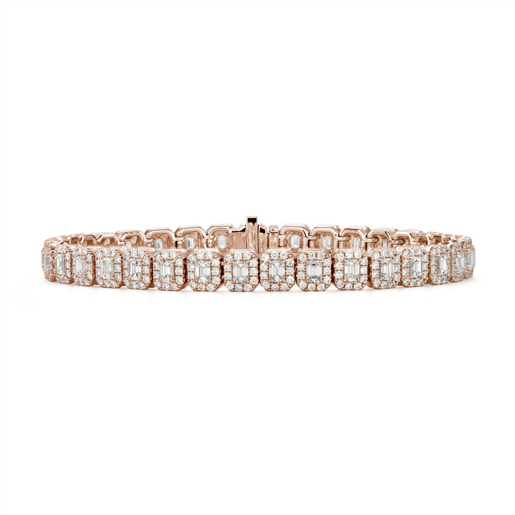 18K Rose Gold Emerald Cut Diamond Tennis Bracelet with Micro Pave Halo