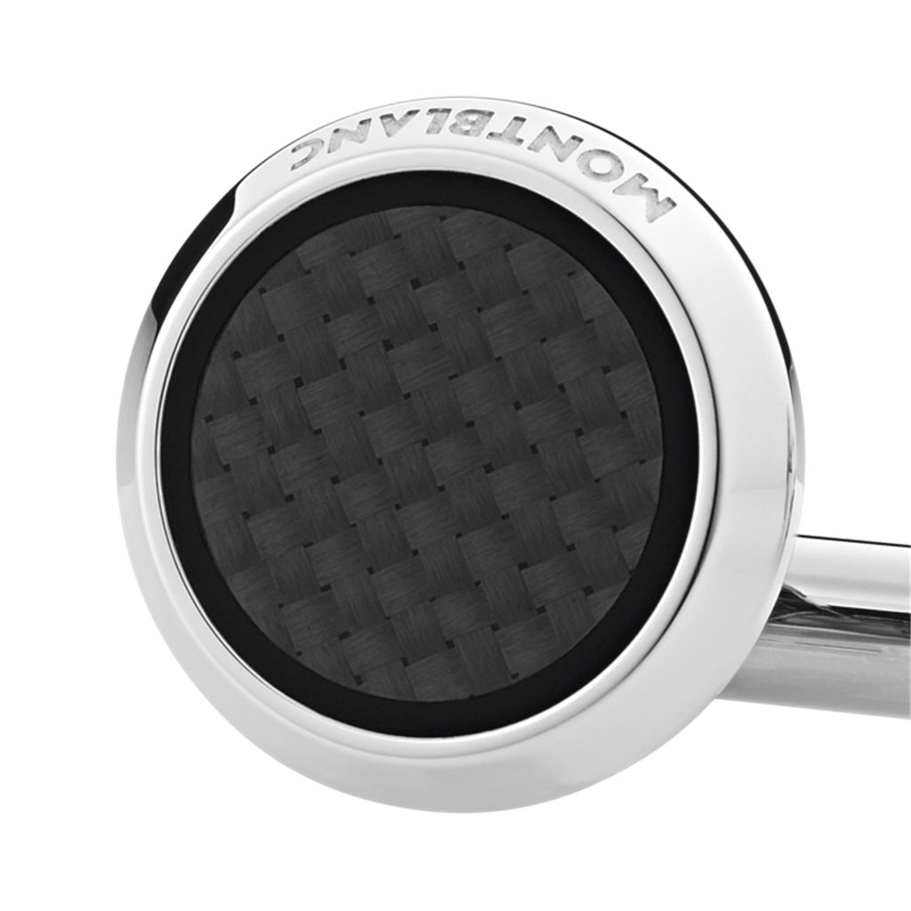 Cufflinks, round in stainless steel with carbon-patterned inlay