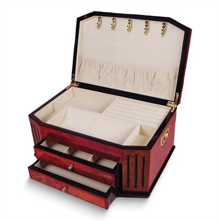 High Gloss Burlwood Finish with Black Accents Two Drawer Wooden Jewelry Box