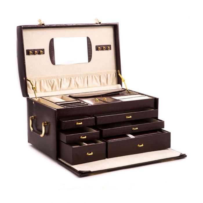 Brown "Croco" Leather Jewelry Chest with Multi Levels
