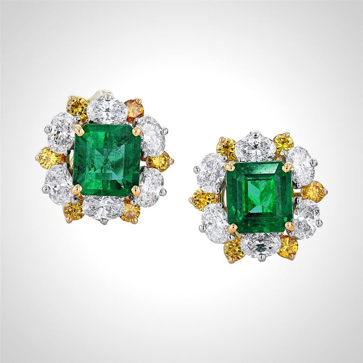 18K Yellow Gold Emerald & Diamond Earrings