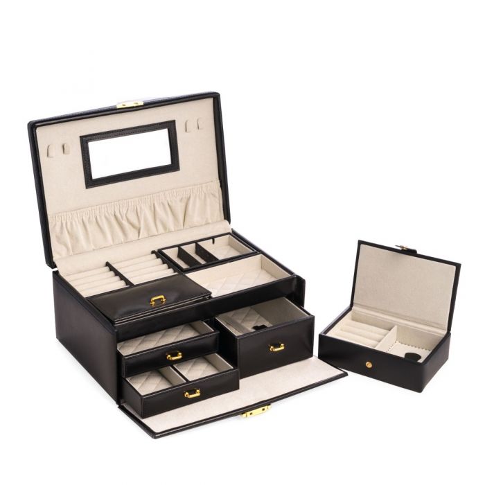 Black Leather 2 Level Jewelry Box with 3 Drawers