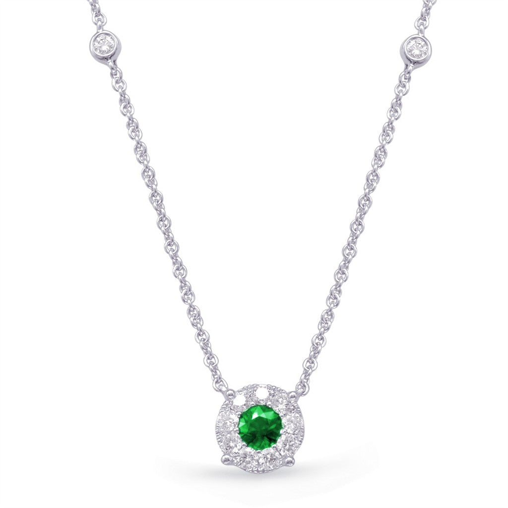 14K White Gold 0.64ct Diamond & Emerald Necklace