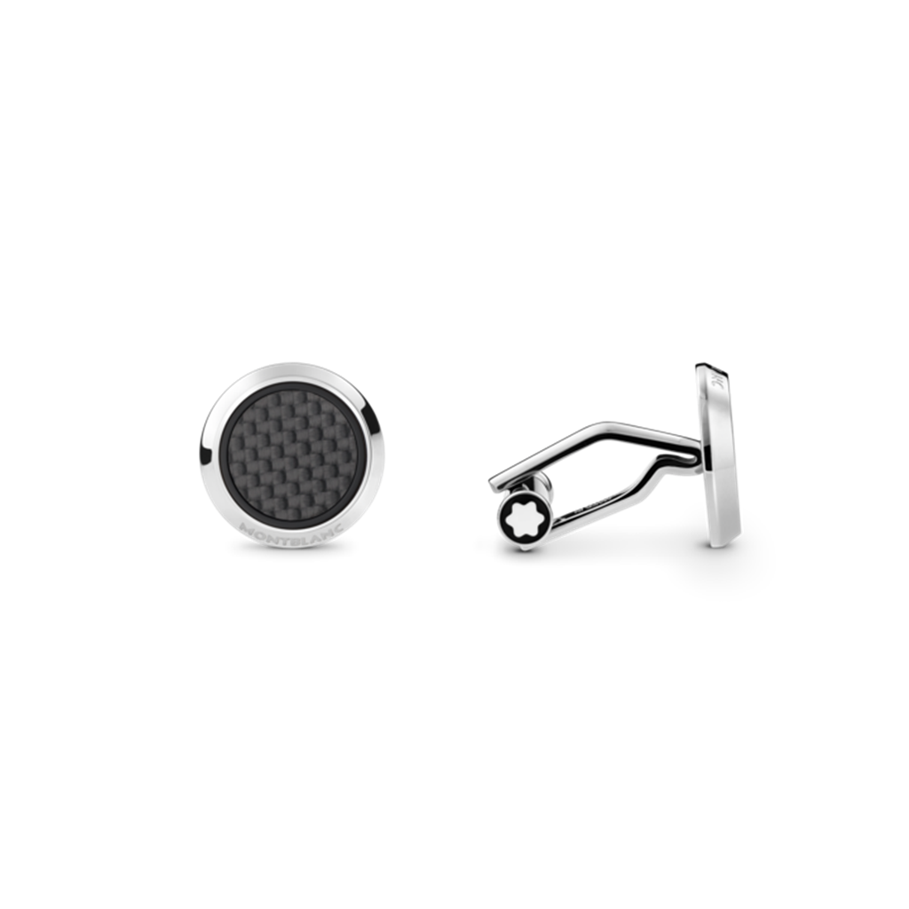 Cufflinks, round in stainless steel with carbon-patterned inlay