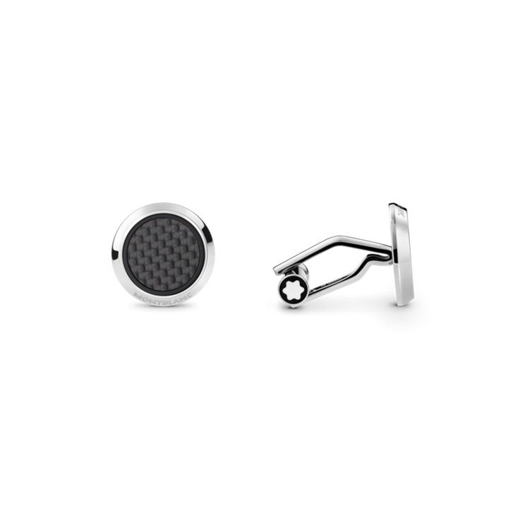 Cufflinks, round in stainless steel with carbon-patterned inlay