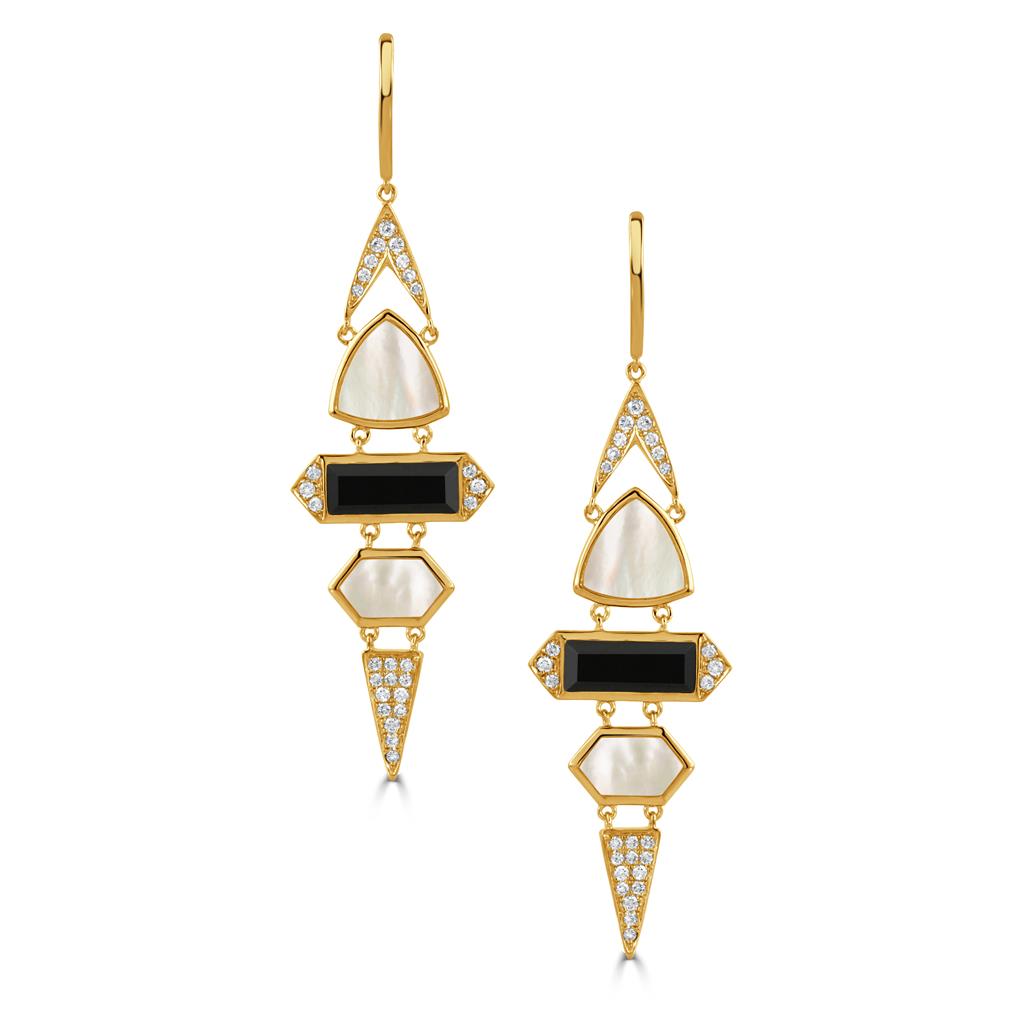 18K Yellow Gold Diamond, Black Onyx & Mother of Pearl Earrings