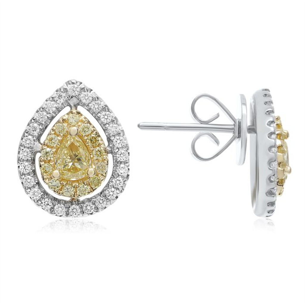 18K Two-Tone Pear Shapped Yellow Diamond Halo Stud Earrings