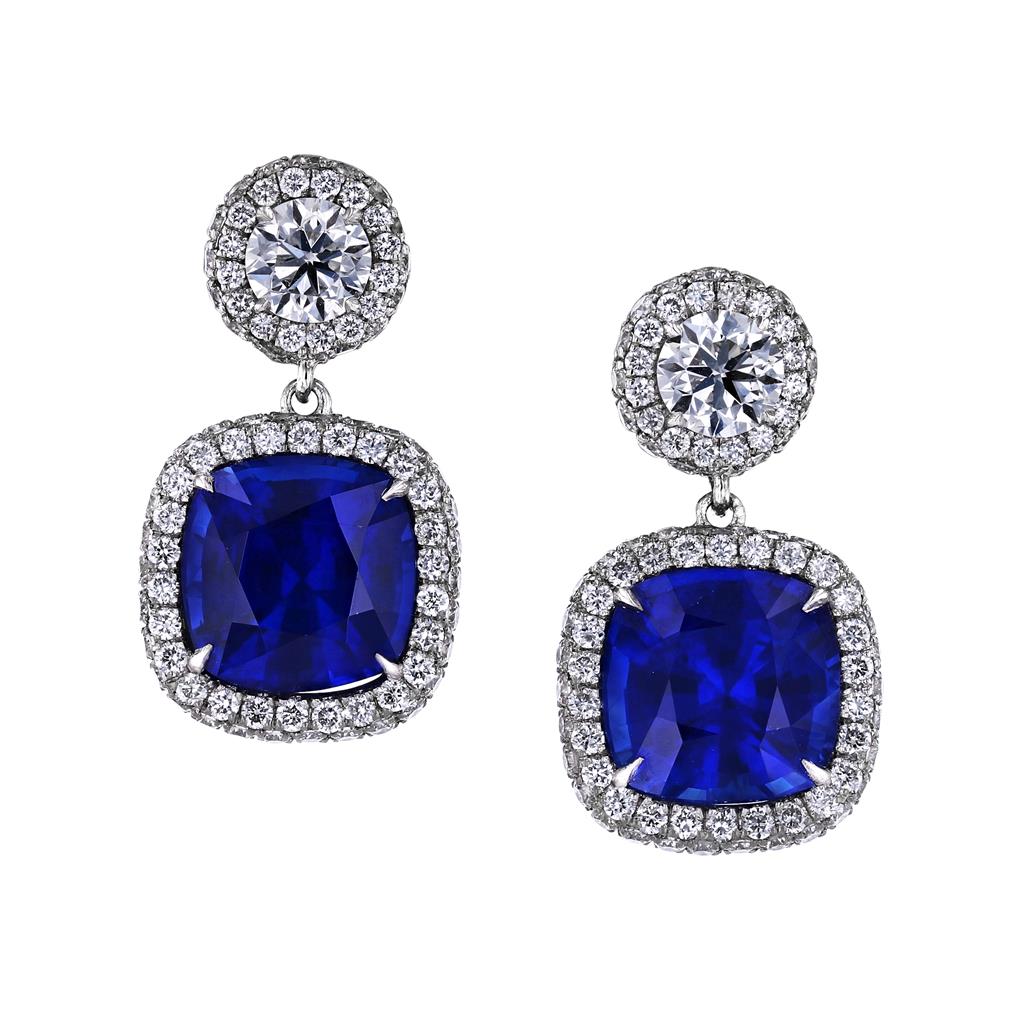 Platinum Cushion Blue Sapphire and Diamond Earrings