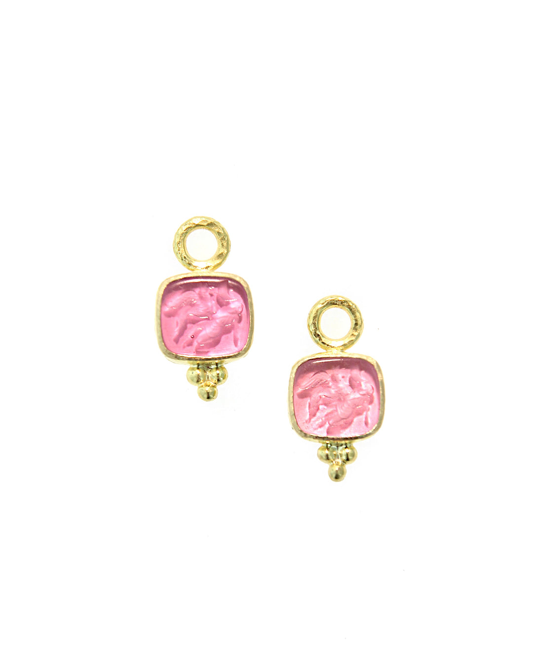 Pink Venetian glass intaglio 'Pegasus, Goddess and Moon' with bottom gold triad earring pendants for hoops.