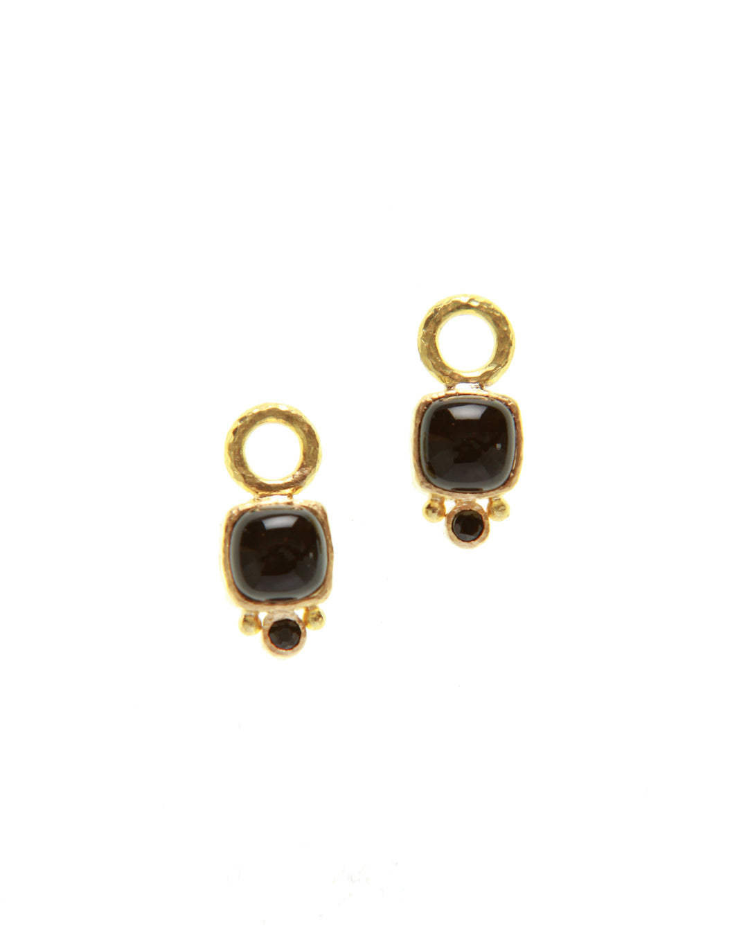 Cabochon 7 x 7 mm onyx with bottom round faceted 2.5 mm black spinel and gold dots earring pendants for hoops.