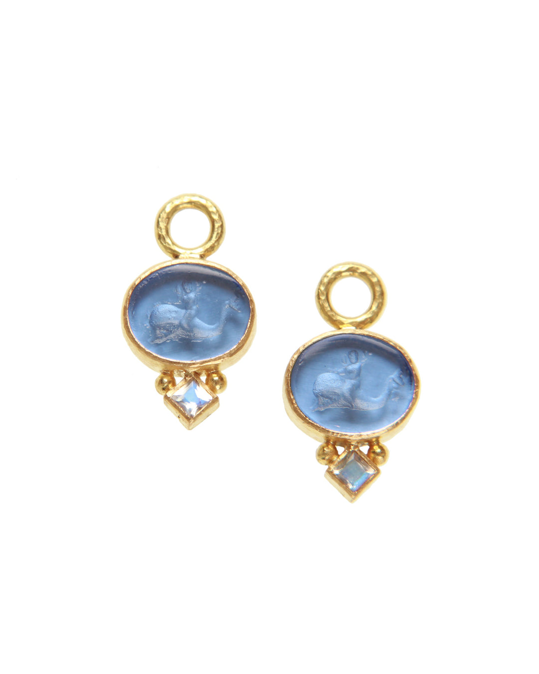 Cerulean Venetian glass intaglio 'Dolphin' earring pendants with 3 mm princess-cut moonstone on the bottom
