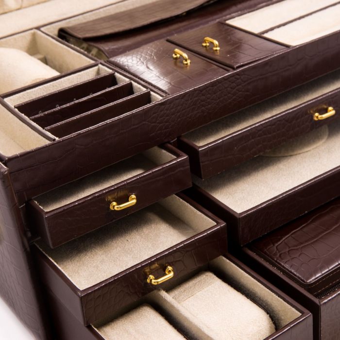 Brown "Croco" Leather Jewelry Chest with Multi Levels
