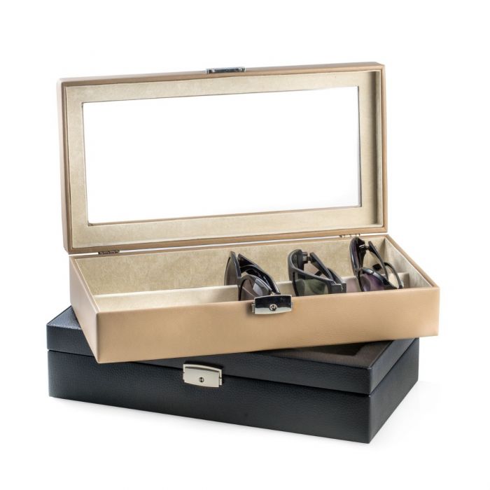 Black Leather Multi Eyeglass Case with Glass Top