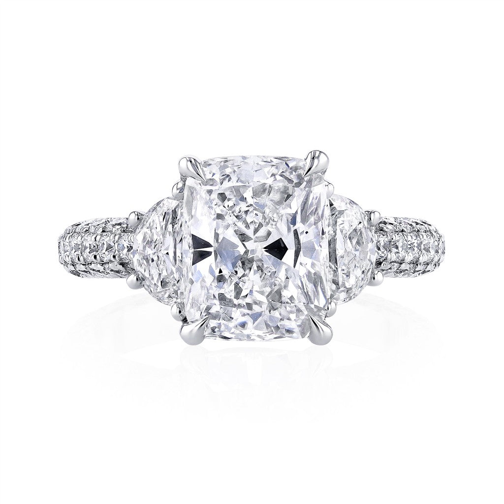 Platinum Cushion Cut Diamond Ring with Triple Row Micro Pave Shank