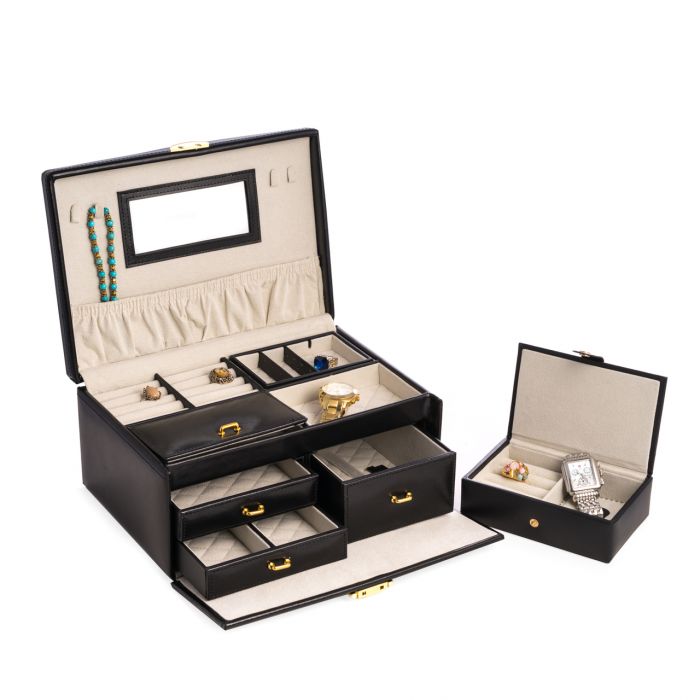 Black Leather 2 Level Jewelry Box with 3 Drawers