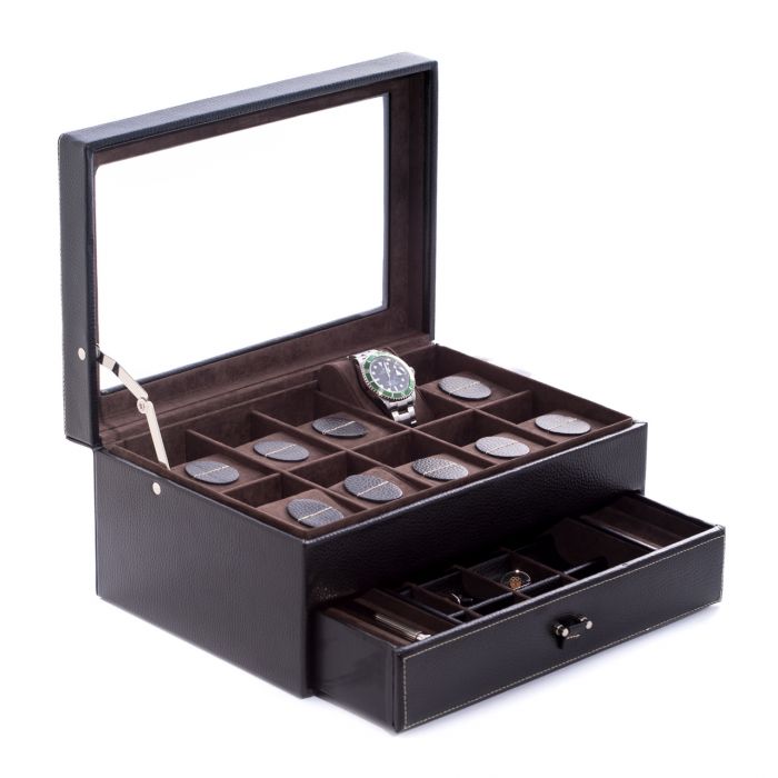 Black Pebbled Leather 10 Watch Case with Glass