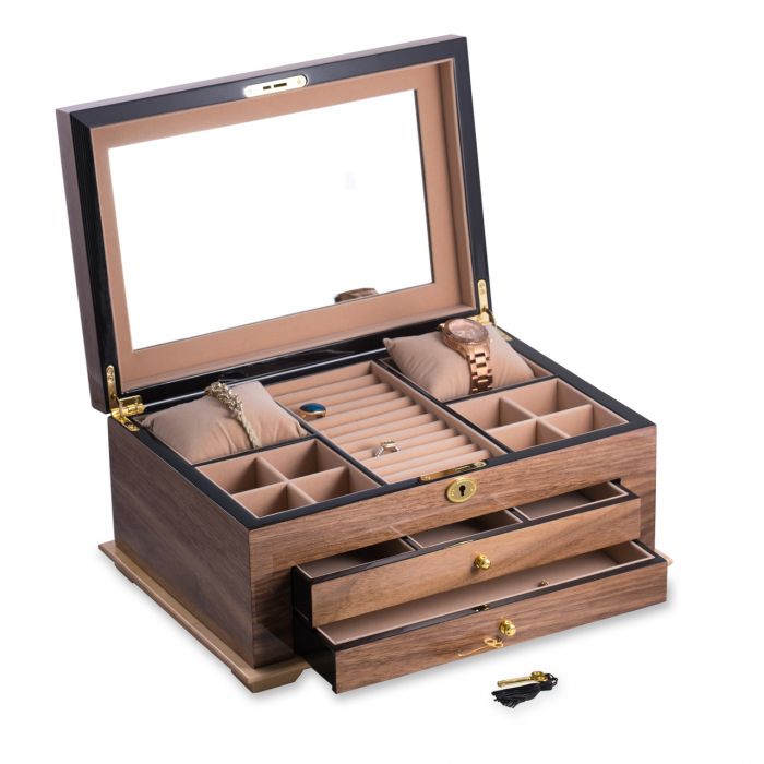 "Walnut" Lacquered Wood 3 Level Jewelry Box