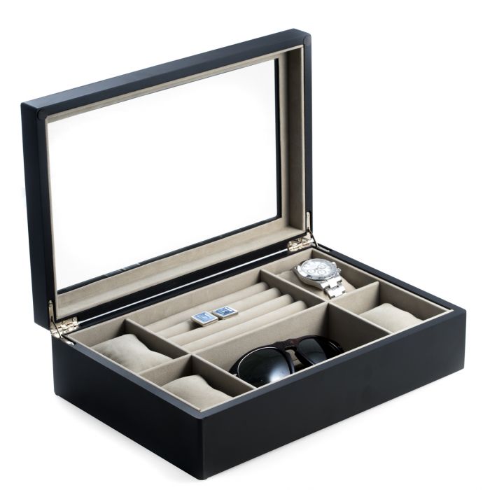Matte Black Wood Valet and Watch Box