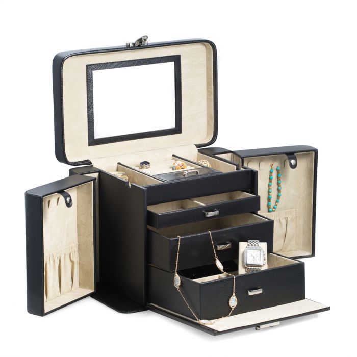 Black "Lizard" Leather 4 Level Jewelry Box