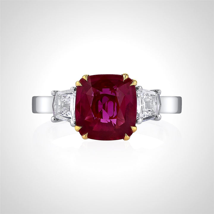 Platinum + 18K Yellow Gold Cushion Ruby and Diamond Ring