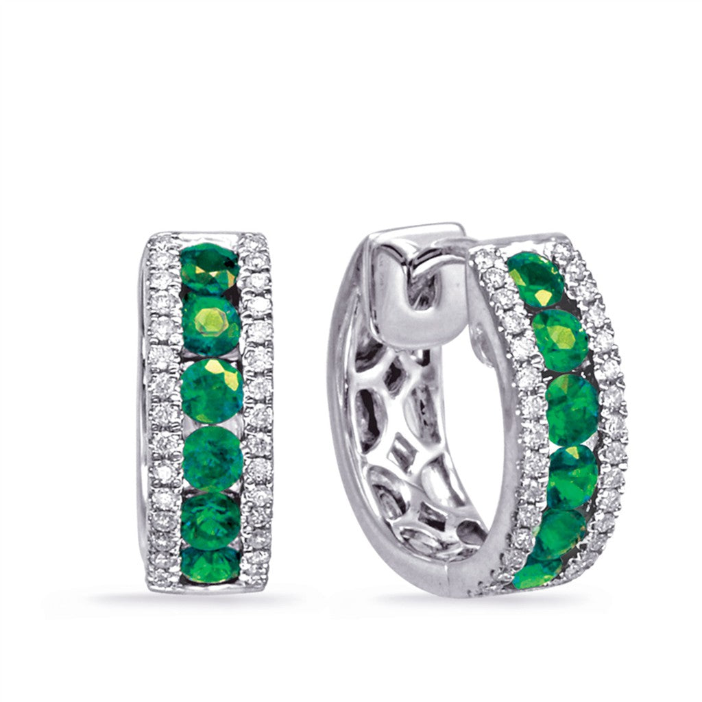 14K White Gold 0.92ct Emerald & Diamond Huggie