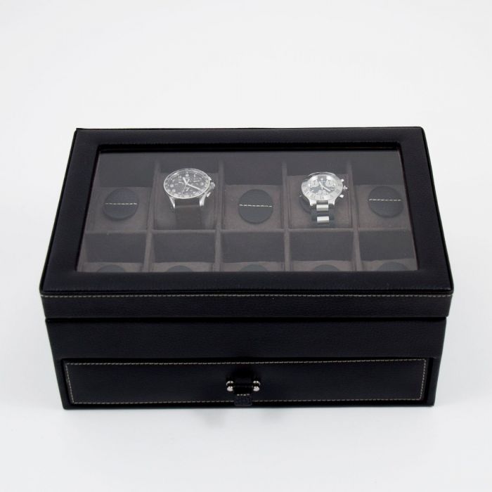 Black Pebbled Leather 10 Watch Case with Glass