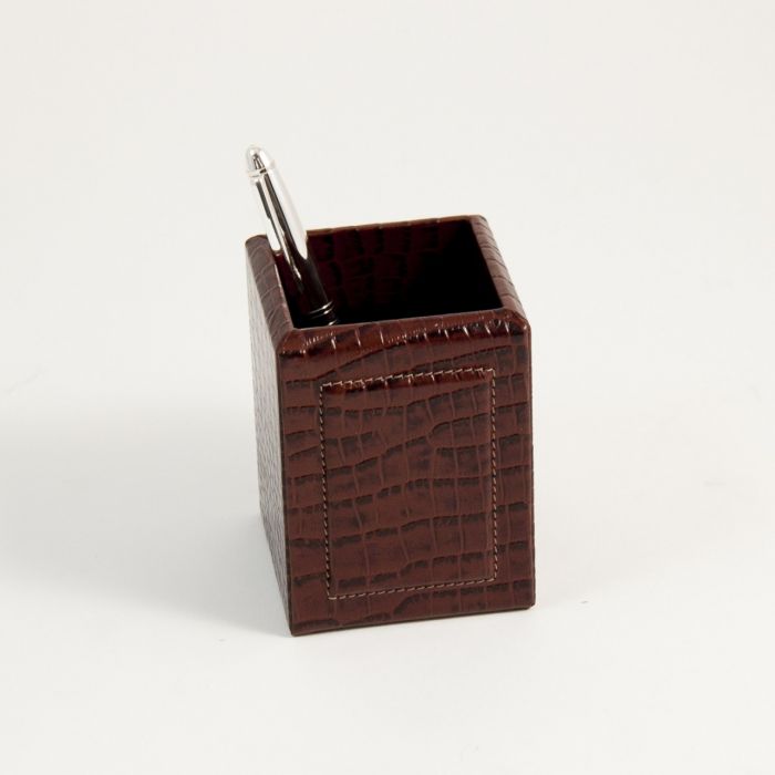 Brown "Croco" Leather Pen Cup.