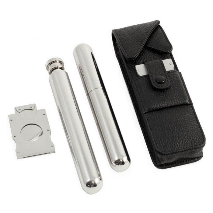 Stainless Steel 2 oz. Flask, 50 ga. Cigar Tube