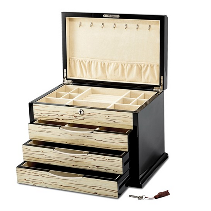 Luxury Giftware Black Oak Veneer with Iced Maple Veneer 3-drawer Locking Wooden Jewelry Chest