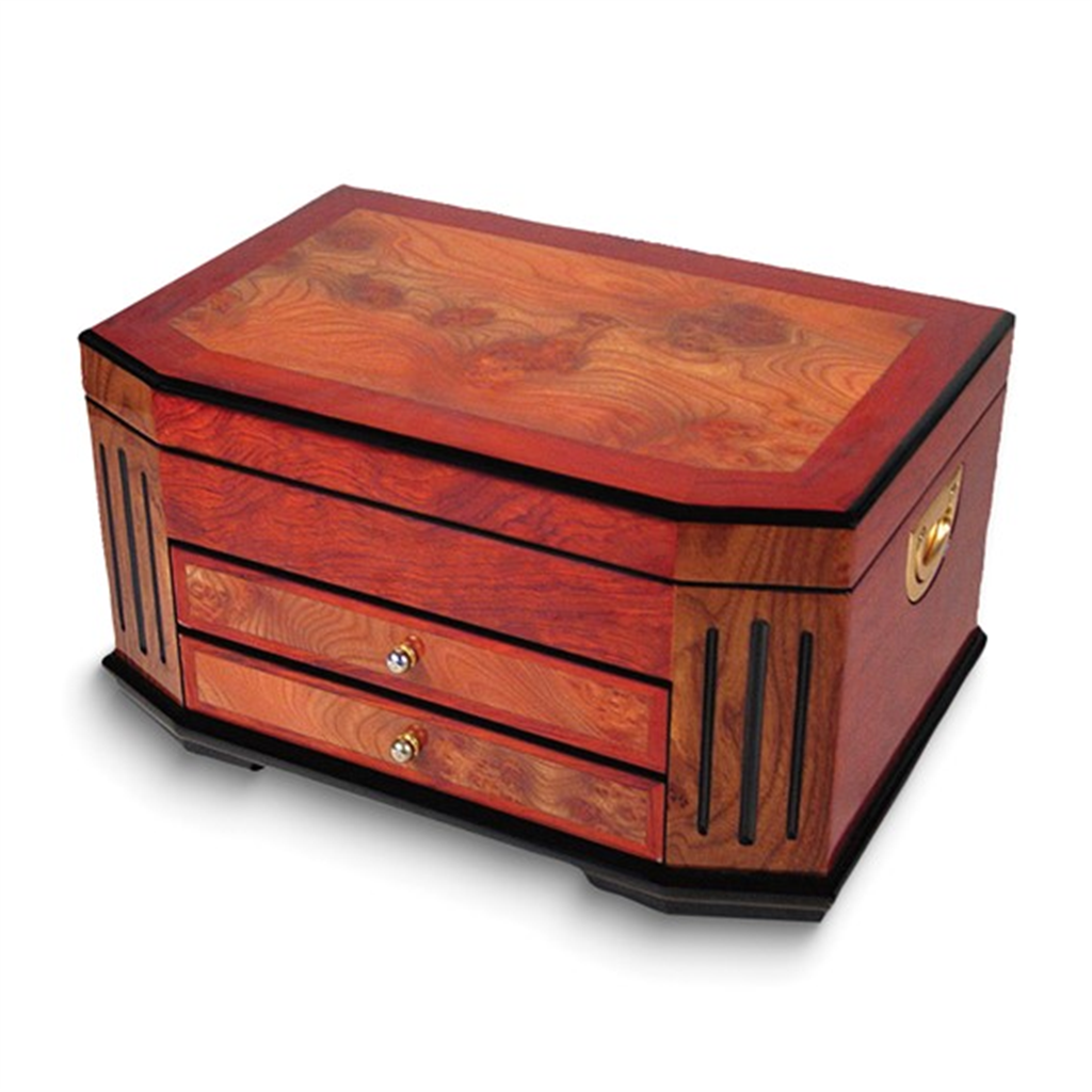 High Gloss Burlwood Finish with Black Accents Two Drawer Wooden Jewelry Box