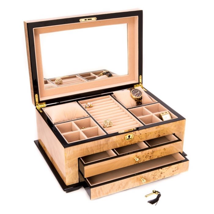"Birdseye Maple" Lacquered Wood 3 Level Jewelry Box