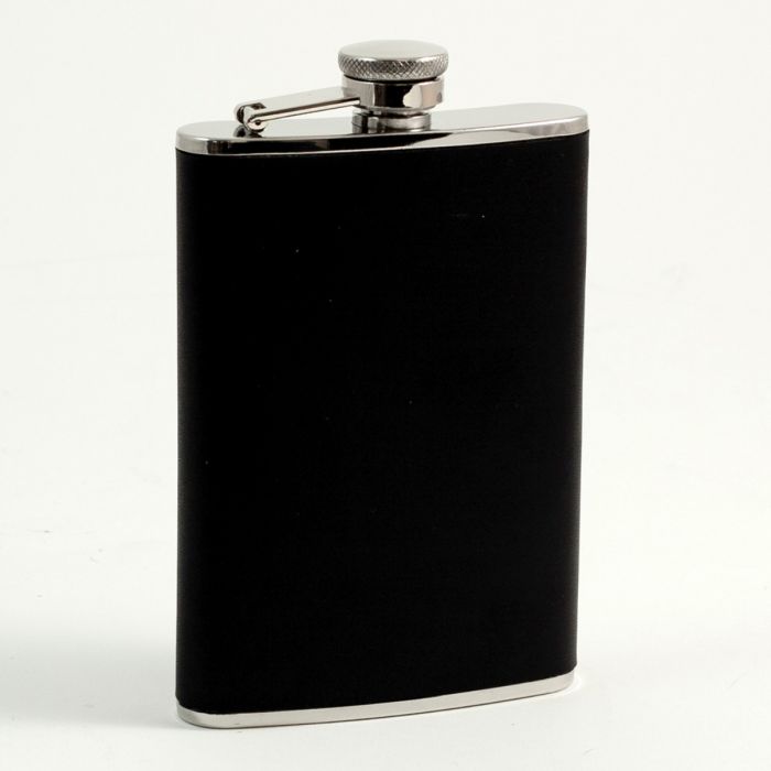 8 oz. Stainless Steel Black Leather Flask
