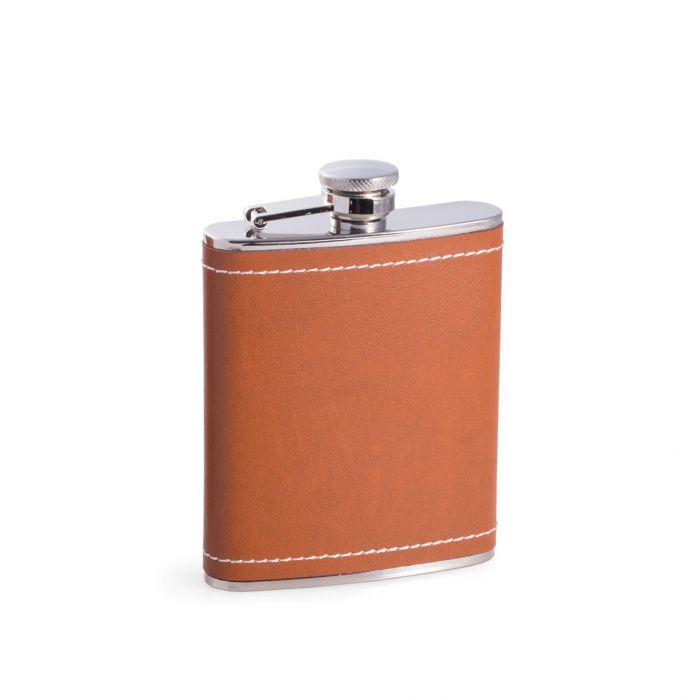 6 oz. Stainless Steel Saddle Brown Leather & White Stitch Flask