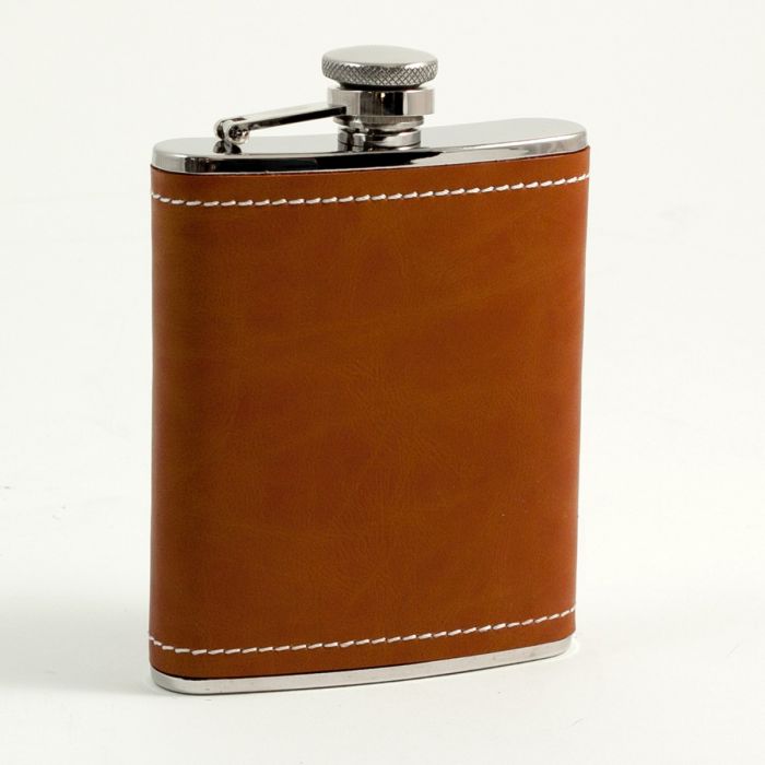 6 oz. Stainless Steel Saddle Brown Leather & White Stitch Flask