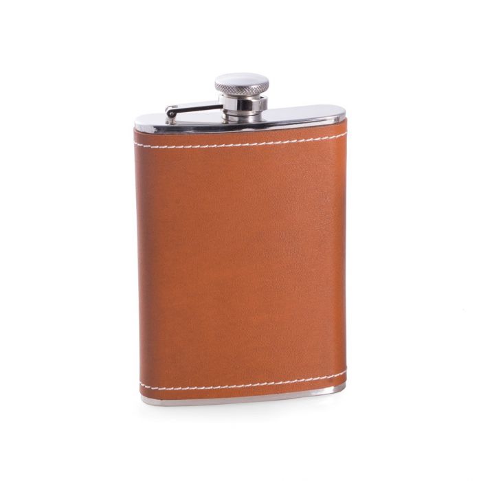 8 oz. Stainless Steel Saddle Brown Leather & White Stitch Flask