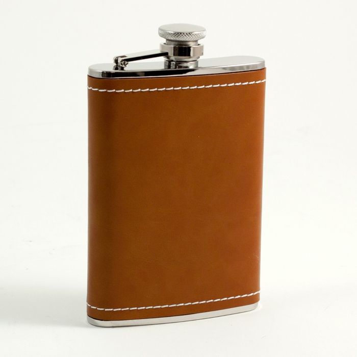8 oz. Stainless Steel Saddle Brown Leather & White Stitch Flask