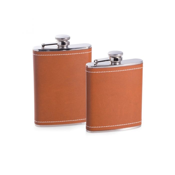 6 oz. Stainless Steel Saddle Brown Leather & White Stitch Flask