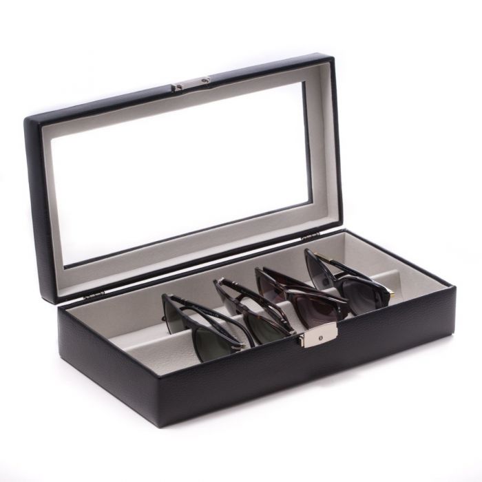 Black Leather Multi Eyeglass Case with Glass Top