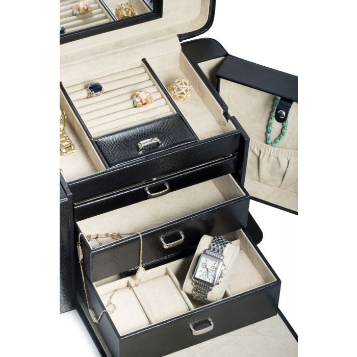 Black "Lizard" Leather 4 Level Jewelry Box