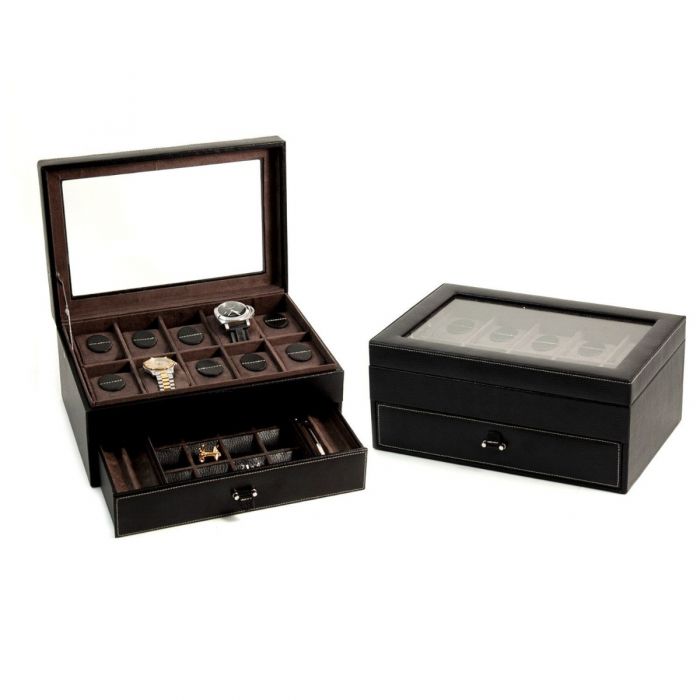 Black Pebbled Leather 10 Watch Case with Glass