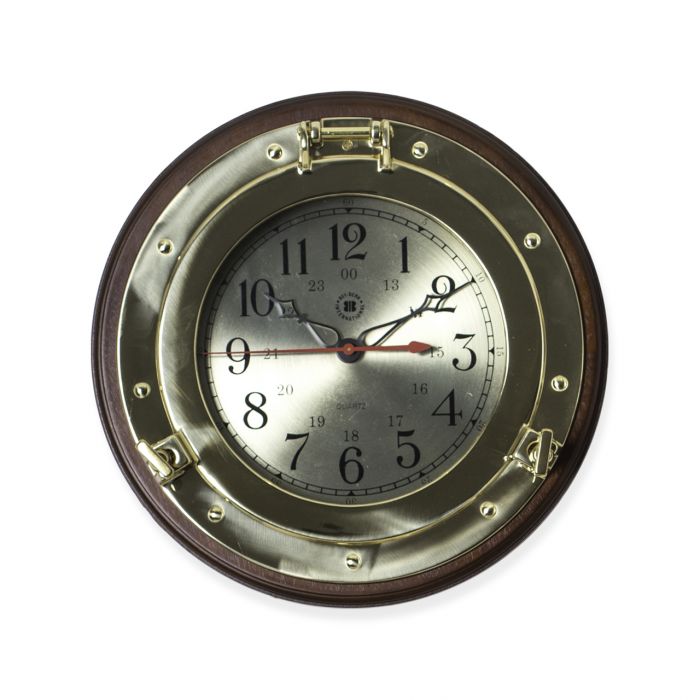 Brass Porthole Quartz Clock on Dark Cherry Wood.