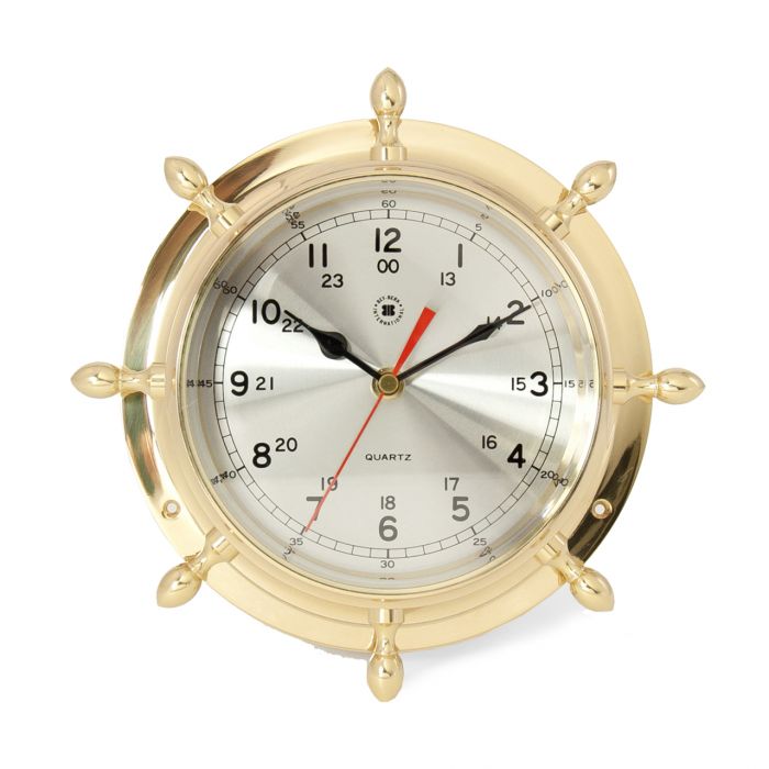 Lacquered Brass Ship's Wheel Quartz Clock with Beveled Glass.