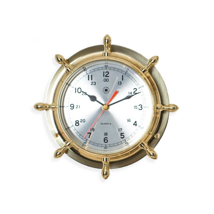 Lacquered Brass Ship's Wheel Quartz Clock with Beveled Glass.