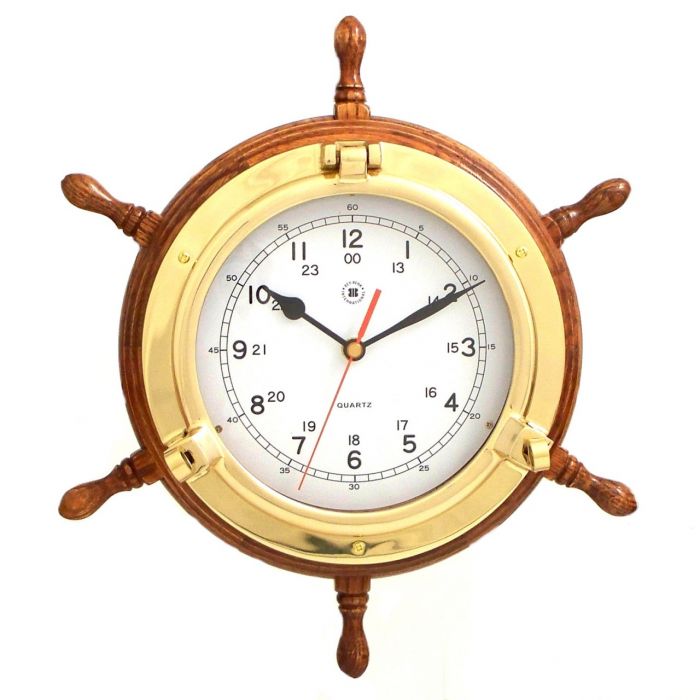 Lacquered Brass Porthole Quartz Clock with Ship's Wheel